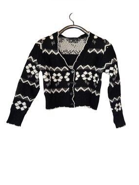 Haute Monde Black and White Floral Cropped Cardigan